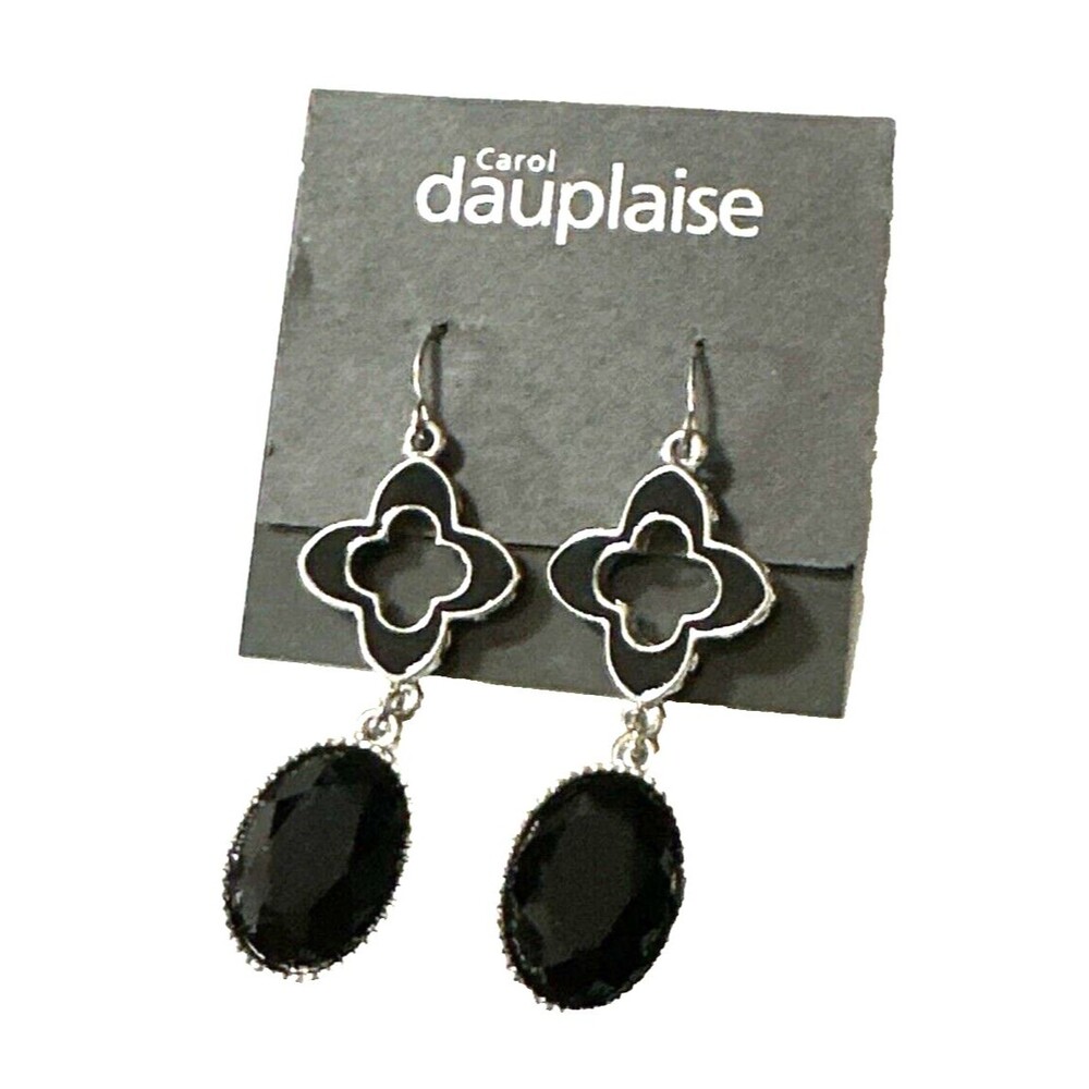 NEW Carol Dauplaise Earrings Black Enamel Rhinestone Pierced Dangle Statement
